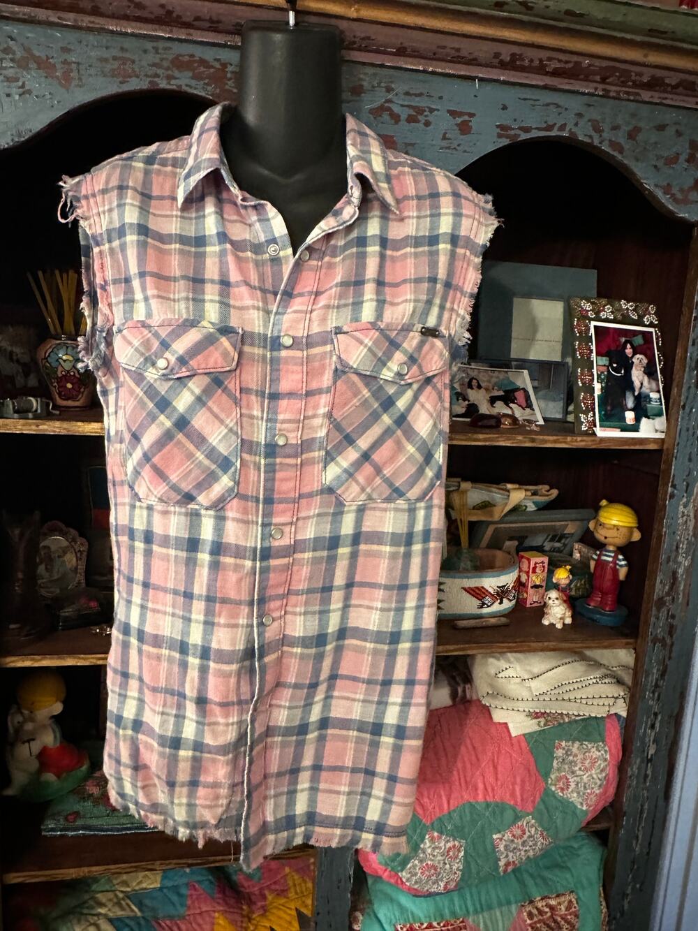 NWT ACQUAVERDE ANNA PINK PLAID SLEEVELESS WESTERN SNAPFRONT SHIRT FRENCH